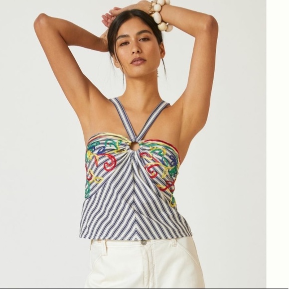 Anthropologie NWT Avril Embroidered Striped Knit Halter Size L. - Picture 1 of 7